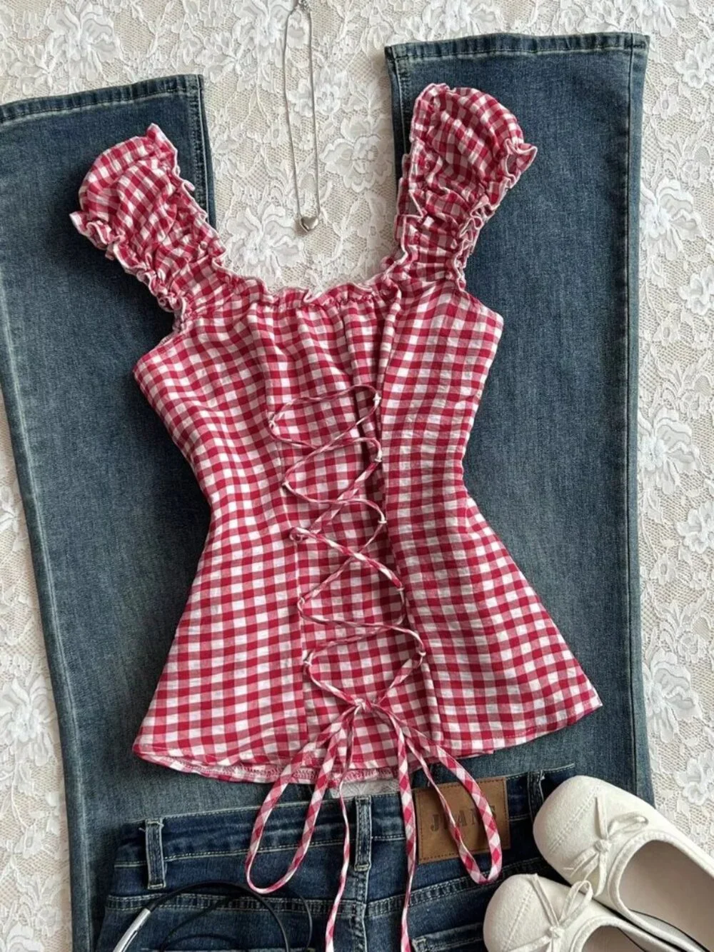 Frill Gingham Cap Sleeve Blouse